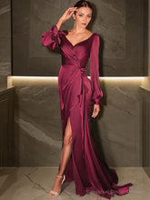 Sheath/Column V-neck Sweep Train Silk like Satin Mother of the Bride Dresses With Ruched